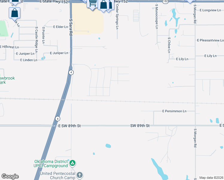 map of restaurants, bars, coffee shops, grocery stores, and more near 531 South Monocoupe Lane in Mustang