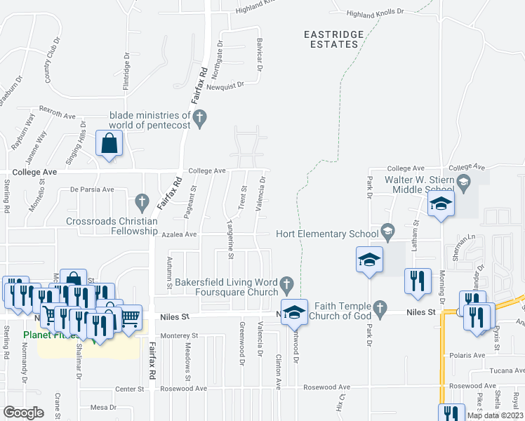 map of restaurants, bars, coffee shops, grocery stores, and more near 2607 Valencia Drive in Bakersfield