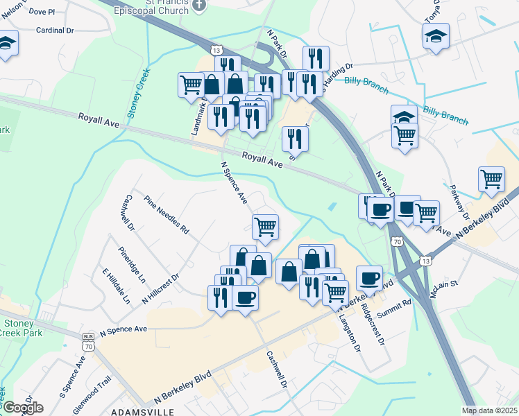 map of restaurants, bars, coffee shops, grocery stores, and more near 702 North Spence Avenue in Goldsboro
