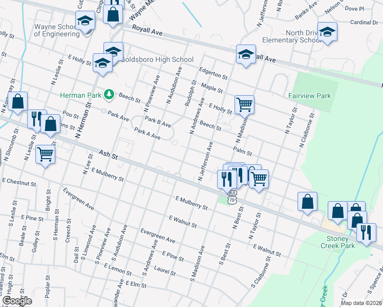 map of restaurants, bars, coffee shops, grocery stores, and more near 1503 East Rose Street in Goldsboro
