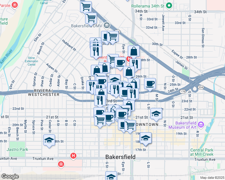 map of restaurants, bars, coffee shops, grocery stores, and more near 2430 G Street in Bakersfield