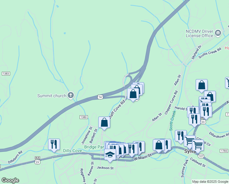 map of restaurants, bars, coffee shops, grocery stores, and more near U.S. 23 in Sylva