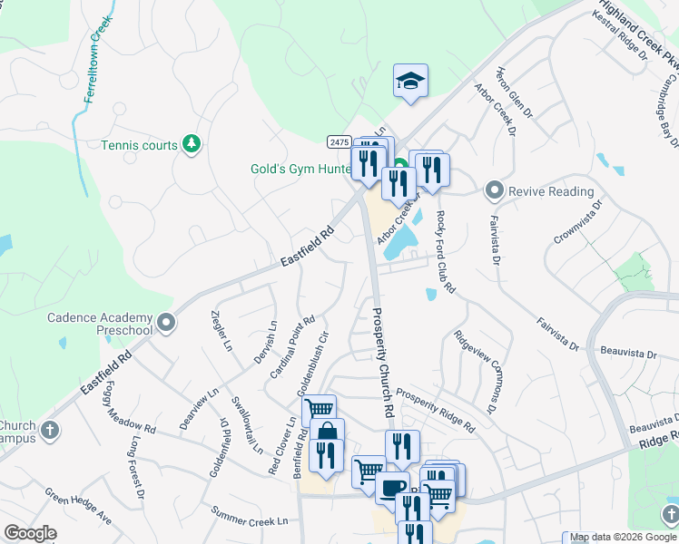 map of restaurants, bars, coffee shops, grocery stores, and more near 12717 Cardinal Point Road in Charlotte