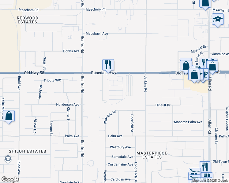 map of restaurants, bars, coffee shops, grocery stores, and more near in Bakersfield