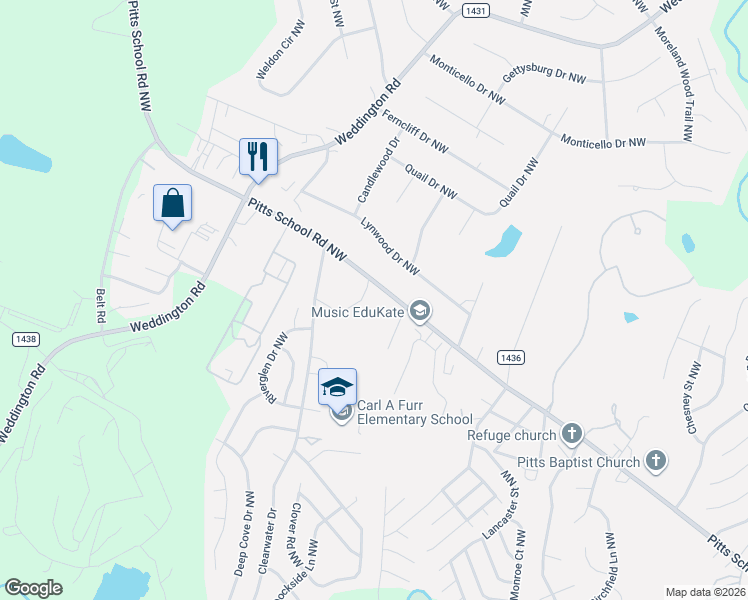 map of restaurants, bars, coffee shops, grocery stores, and more near 366 Pitts School Road Northwest in Concord