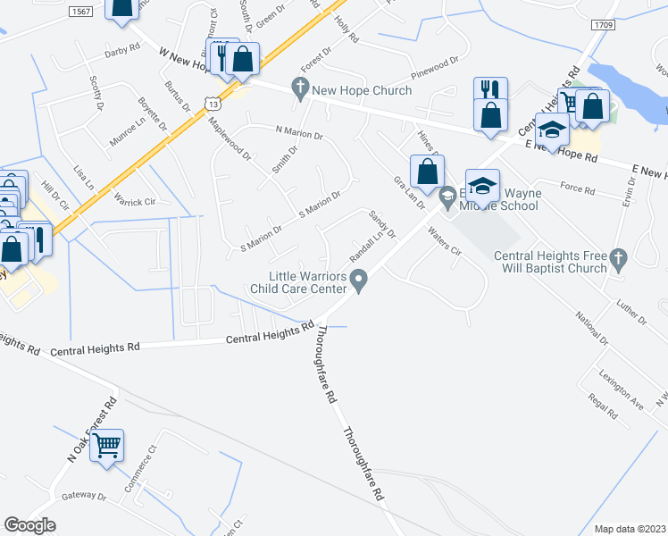 map of restaurants, bars, coffee shops, grocery stores, and more near 121 Randall Lane in Goldsboro