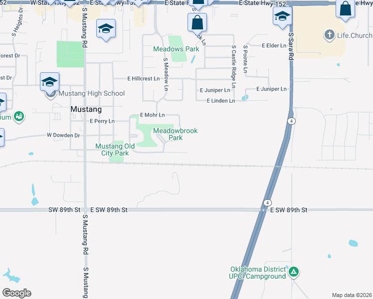 map of restaurants, bars, coffee shops, grocery stores, and more near 1024 South Meadow Lane in Mustang