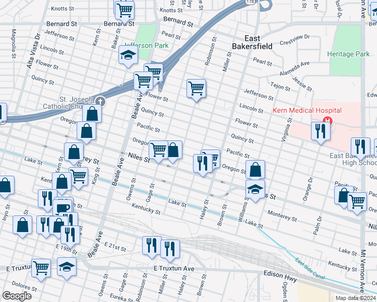 map of restaurants, bars, coffee shops, grocery stores, and more near 1131 Pacific Street in Bakersfield