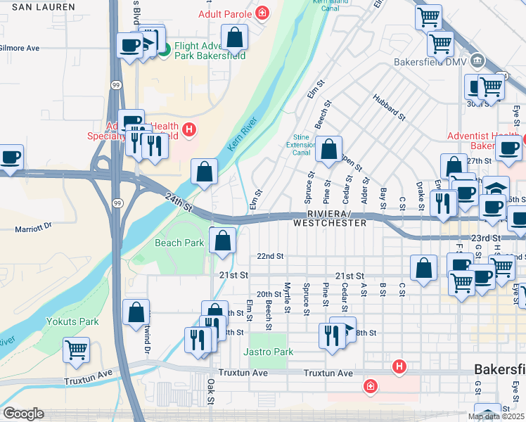 map of restaurants, bars, coffee shops, grocery stores, and more near 2412 Elm Street in Bakersfield
