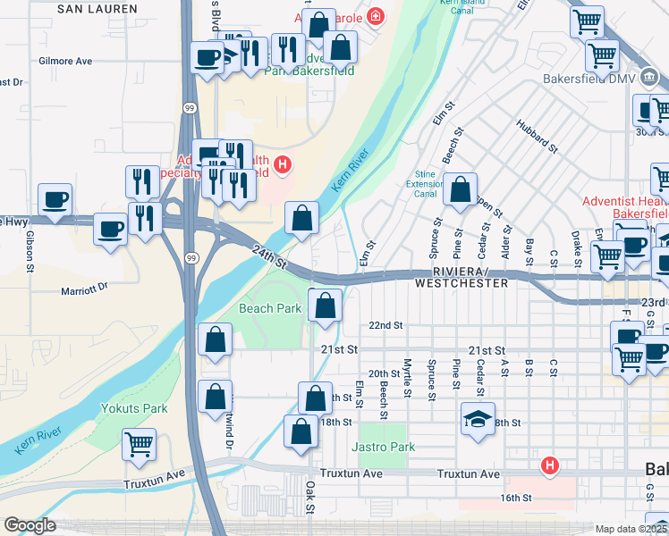map of restaurants, bars, coffee shops, grocery stores, and more near 2480 Olive Street in Bakersfield