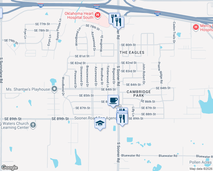 map of restaurants, bars, coffee shops, grocery stores, and more near 8416 Timberwood Lane in Oklahoma City