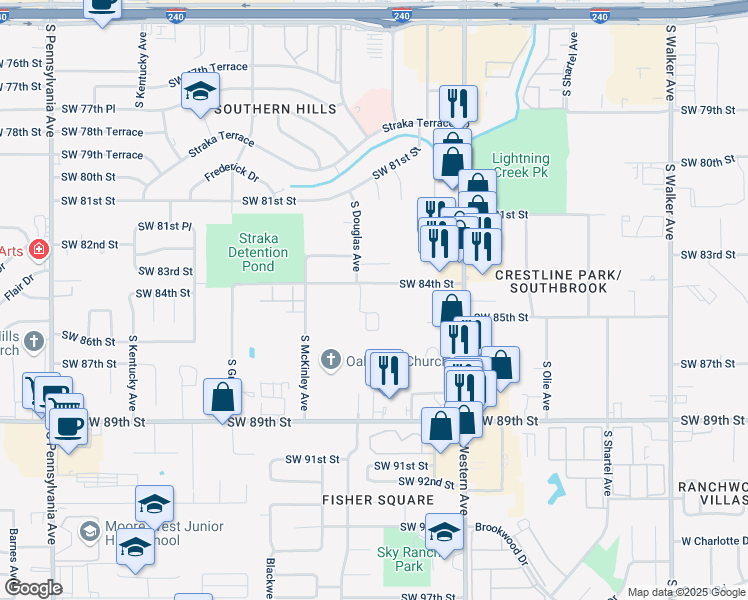 map of restaurants, bars, coffee shops, grocery stores, and more near 1010 Southwest 84th Street in Oklahoma City