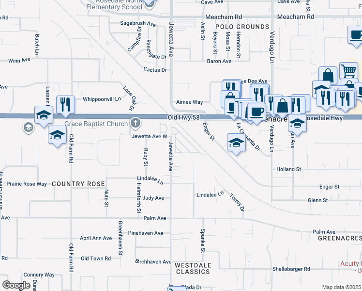map of restaurants, bars, coffee shops, grocery stores, and more near 2500 Jewetta Avenue in Bakersfield