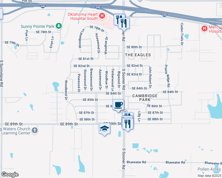 map of restaurants, bars, coffee shops, grocery stores, and more near 8416 Timberwood Lane in Oklahoma City