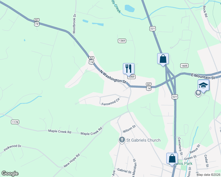 map of restaurants, bars, coffee shops, grocery stores, and more near 787 North Washington Street in Rutherfordton