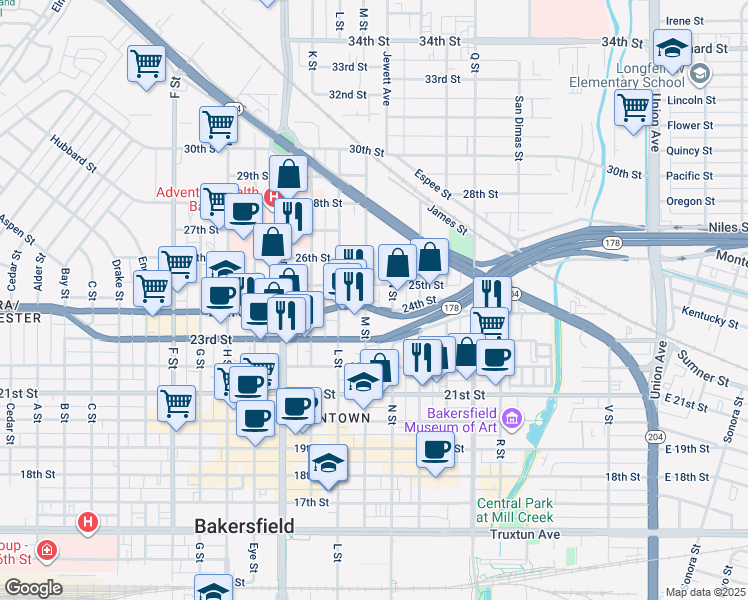 map of restaurants, bars, coffee shops, grocery stores, and more near 2431 N Street in Bakersfield