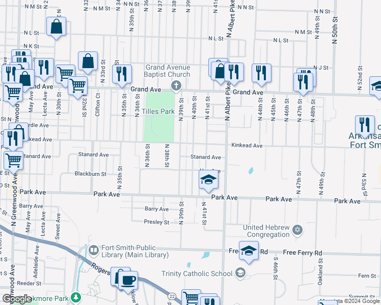 map of restaurants, bars, coffee shops, grocery stores, and more near 529 North 40th Street in Fort Smith