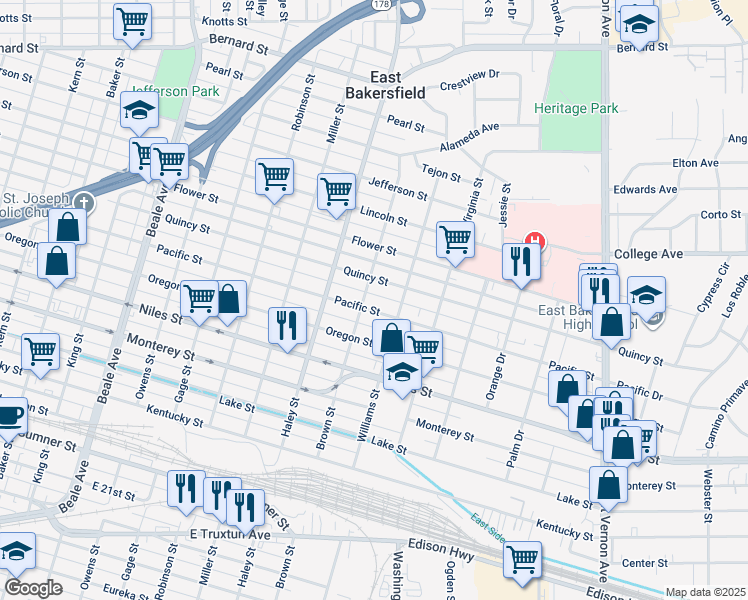 map of restaurants, bars, coffee shops, grocery stores, and more near 1504 Pacific Street in Bakersfield