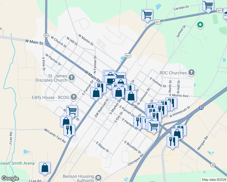 map of restaurants, bars, coffee shops, grocery stores, and more near North Carolina 50 in Benson
