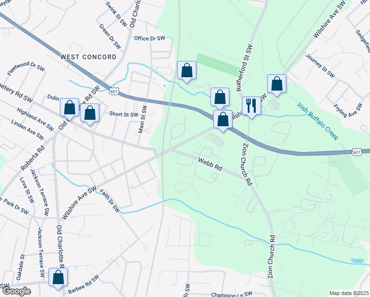 map of restaurants, bars, coffee shops, grocery stores, and more near 621 Wilshire Ave SW in Concord