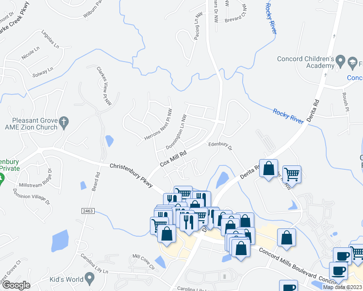 map of restaurants, bars, coffee shops, grocery stores, and more near 9529 Burford Lane Northwest in Concord