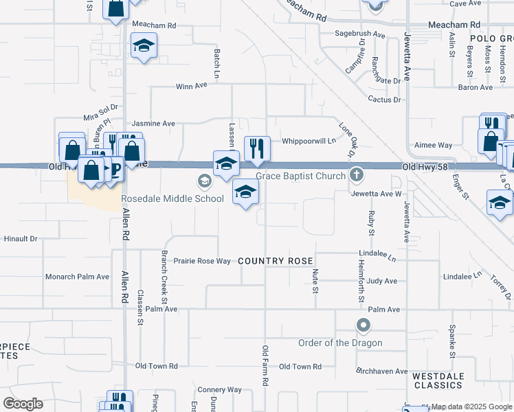 map of restaurants, bars, coffee shops, grocery stores, and more near 2345 Old Farm Road in Bakersfield