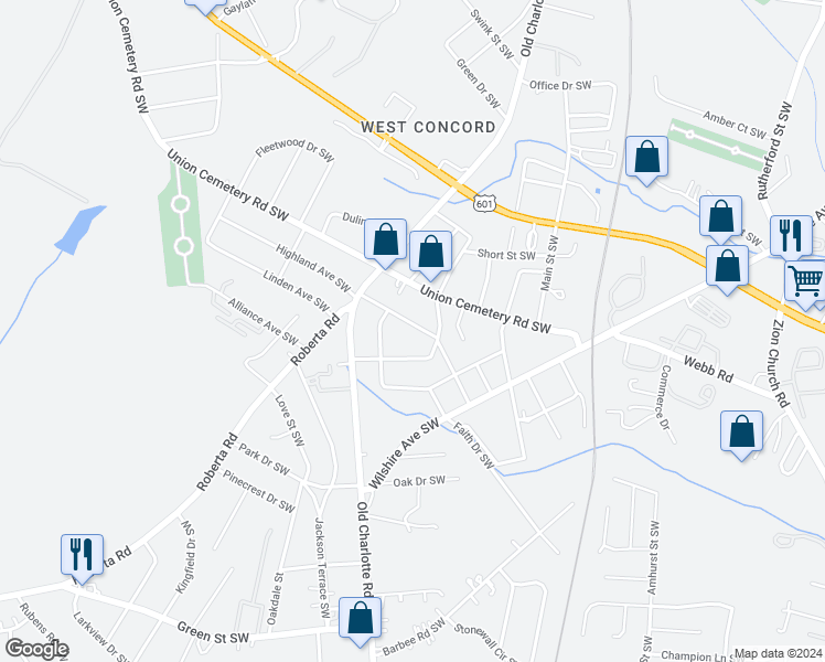map of restaurants, bars, coffee shops, grocery stores, and more near 57 Highland Avenue Southwest in Concord