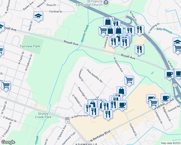 map of restaurants, bars, coffee shops, grocery stores, and more near 2400 Pine Needles Road in Goldsboro