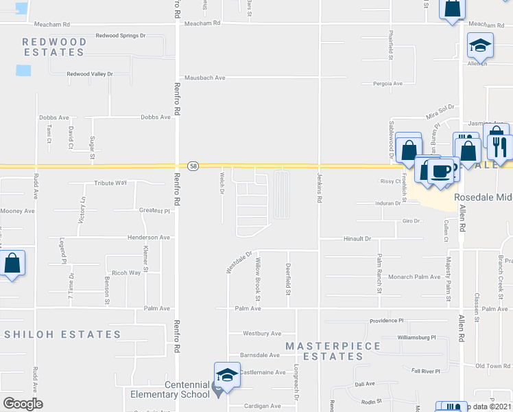 map of restaurants, bars, coffee shops, grocery stores, and more near 14035 Rosedale Highway in Bakersfield