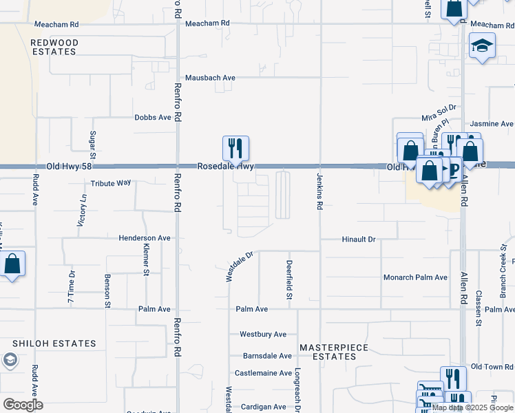 map of restaurants, bars, coffee shops, grocery stores, and more near in Rosedale