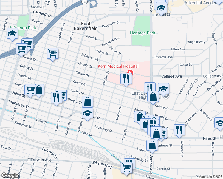 map of restaurants, bars, coffee shops, grocery stores, and more near 1728 Quincy Street in Bakersfield