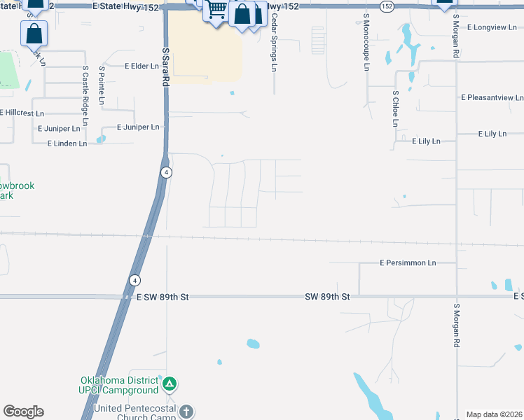 map of restaurants, bars, coffee shops, grocery stores, and more near 531 South Monocoupe Lane in Mustang