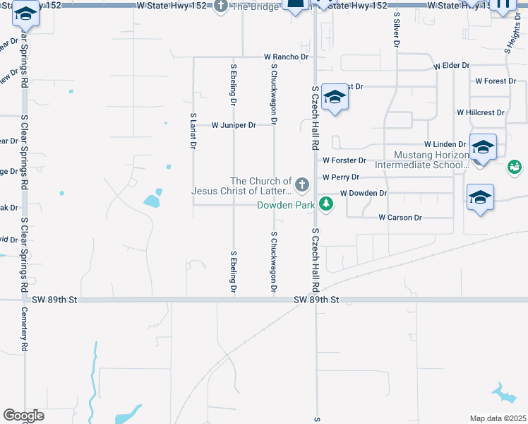map of restaurants, bars, coffee shops, grocery stores, and more near 1033 South Chuckwagon Drive in Mustang