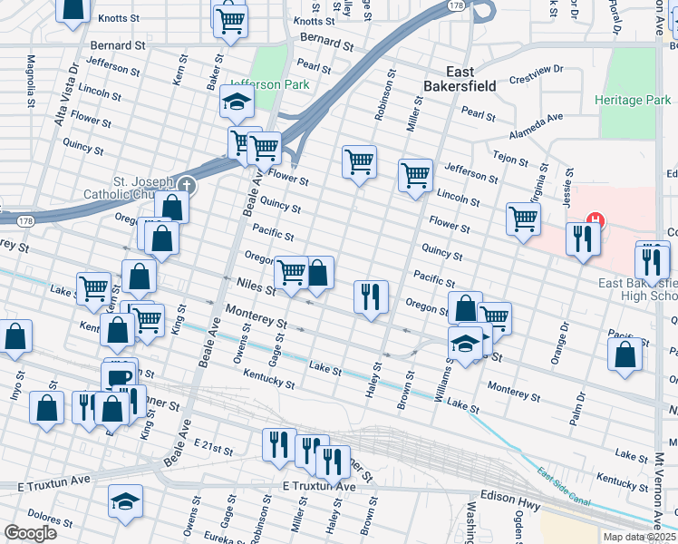 map of restaurants, bars, coffee shops, grocery stores, and more near 1131 Pacific Street in Bakersfield