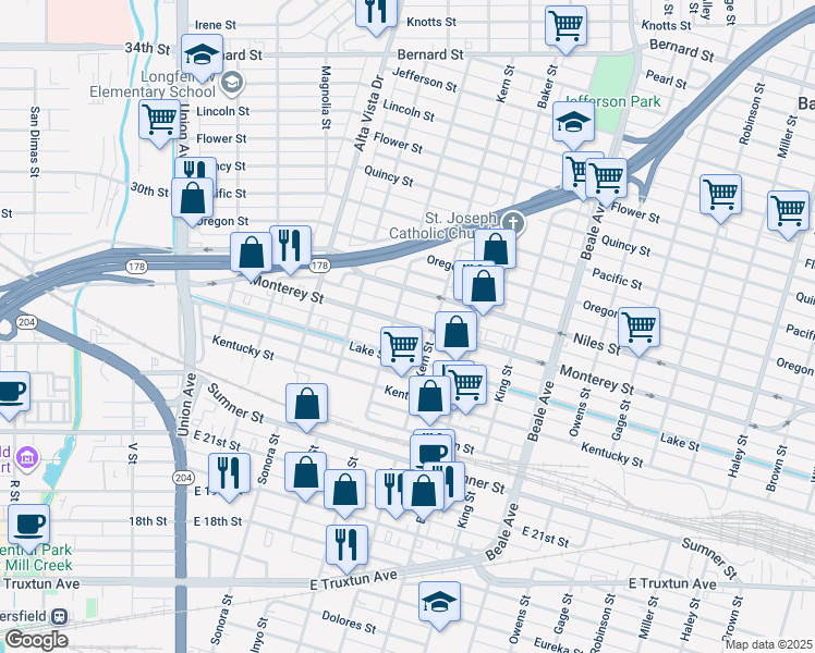 map of restaurants, bars, coffee shops, grocery stores, and more near 518 Monterey Street in Bakersfield