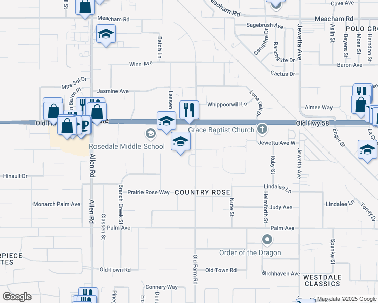 map of restaurants, bars, coffee shops, grocery stores, and more near 2345 Old Farm Rd in Bakersfield