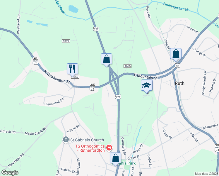 map of restaurants, bars, coffee shops, grocery stores, and more near 137 West Mountain Street in Rutherfordton