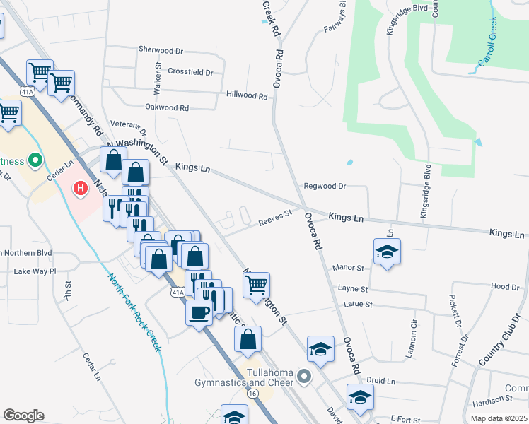 map of restaurants, bars, coffee shops, grocery stores, and more near 707 Kings Lane in Tullahoma