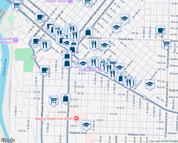 map of restaurants, bars, coffee shops, grocery stores, and more near 1411 Rogers Avenue in Fort Smith
