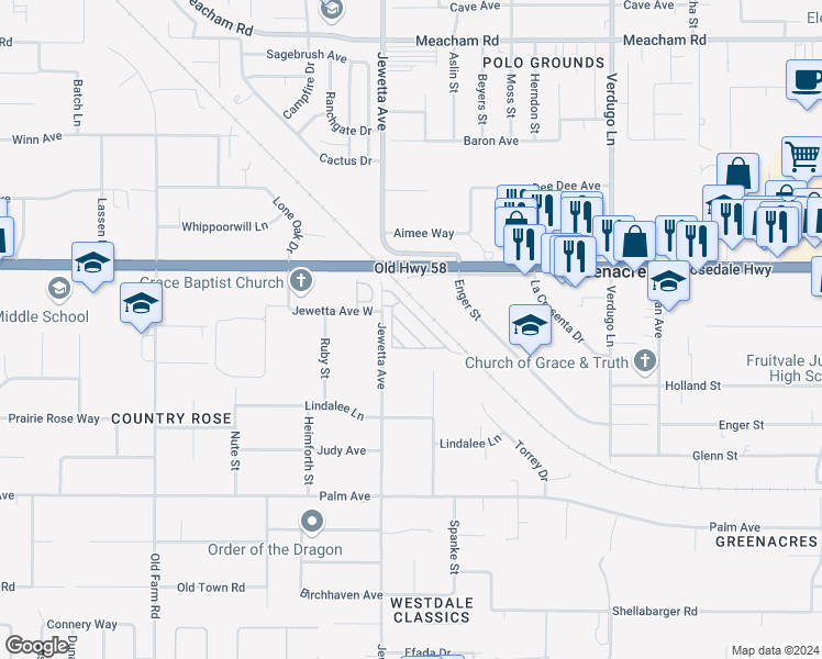 map of restaurants, bars, coffee shops, grocery stores, and more near 2500 Jewetta Avenue in Bakersfield