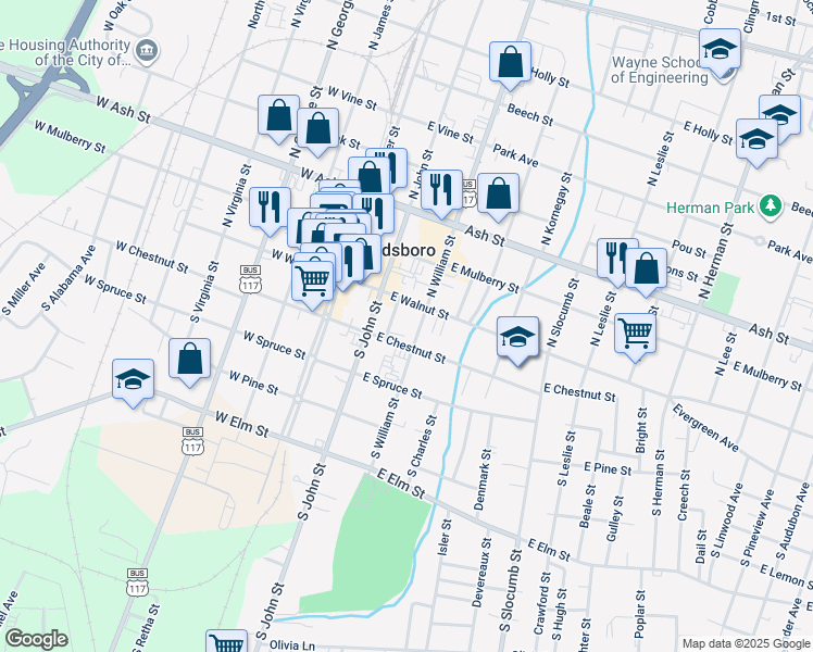 map of restaurants, bars, coffee shops, grocery stores, and more near 224 East Walnut Street in Goldsboro
