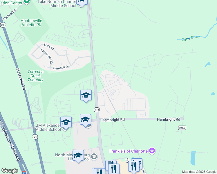 map of restaurants, bars, coffee shops, grocery stores, and more near 11830 Old Statesville Road in Huntersville