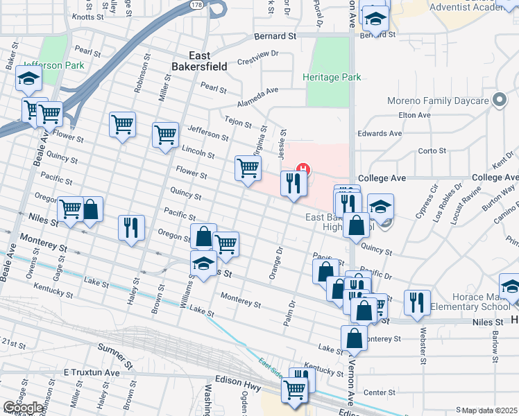 map of restaurants, bars, coffee shops, grocery stores, and more near 1728 Quincy Street in Bakersfield