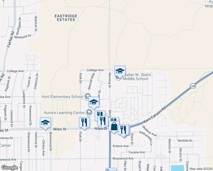 map of restaurants, bars, coffee shops, grocery stores, and more near 8009 Latham Court in Bakersfield