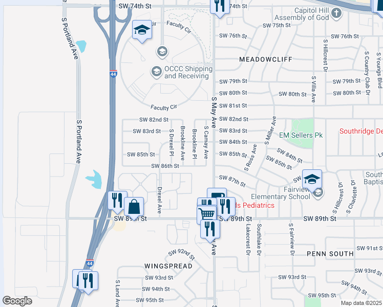 map of restaurants, bars, coffee shops, grocery stores, and more near 8515 Brookline Place in Oklahoma City