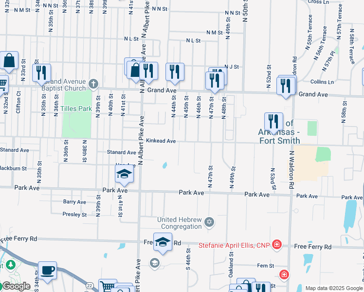 map of restaurants, bars, coffee shops, grocery stores, and more near 4414 Kinkead Avenue in Fort Smith