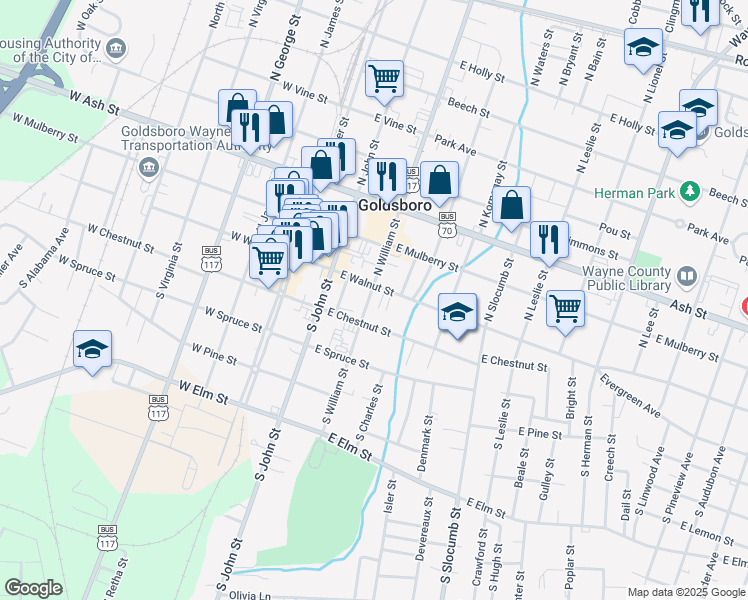 map of restaurants, bars, coffee shops, grocery stores, and more near 104 South William Street in Goldsboro