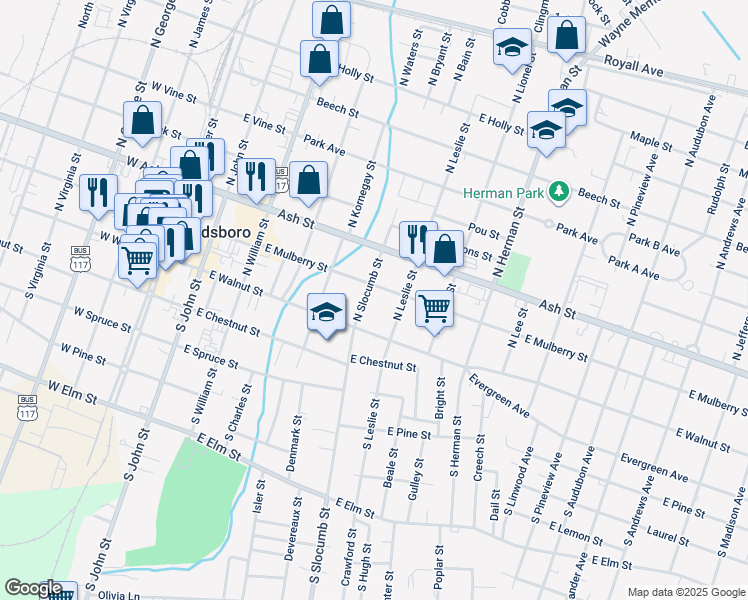 map of restaurants, bars, coffee shops, grocery stores, and more near 114 North Slocumb Street in Goldsboro