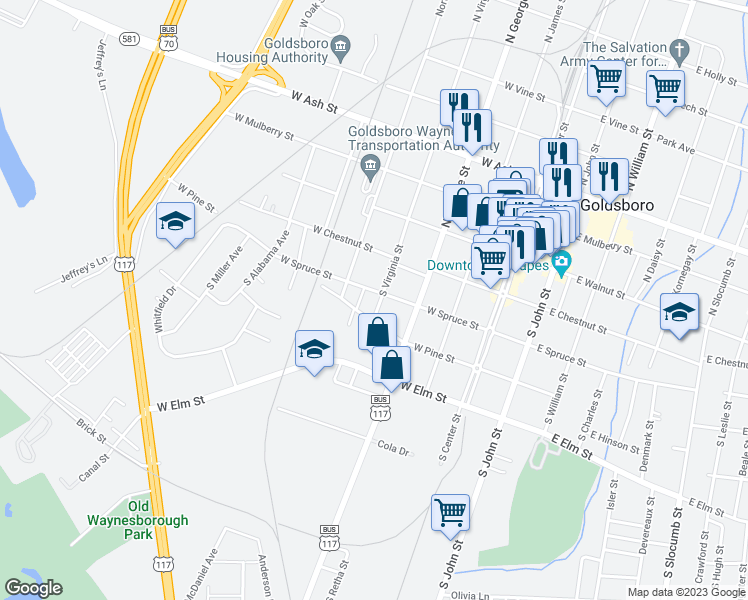 map of restaurants, bars, coffee shops, grocery stores, and more near 303 South Virginia Street in Goldsboro
