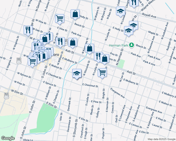 map of restaurants, bars, coffee shops, grocery stores, and more near 114 North Slocumb Street in Goldsboro